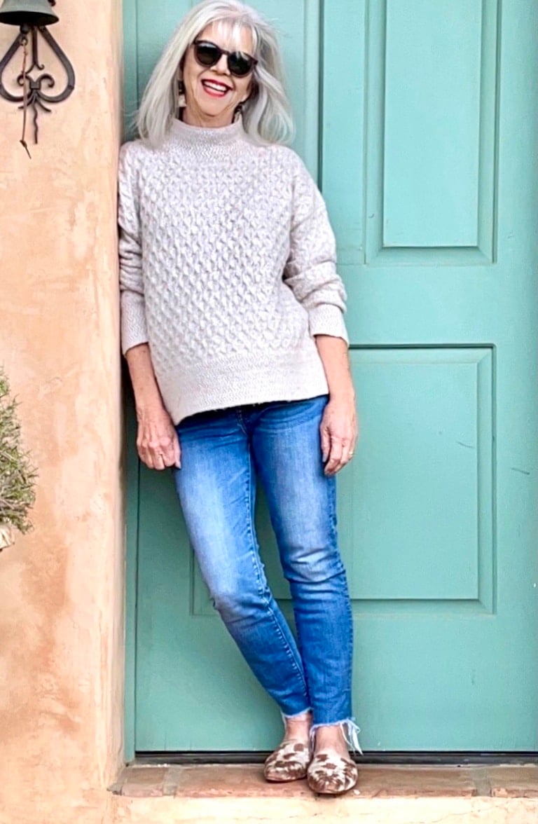 Cindy Hattersley in Kut from Cloth Sweater Madewell Jeans and Artemis Slides