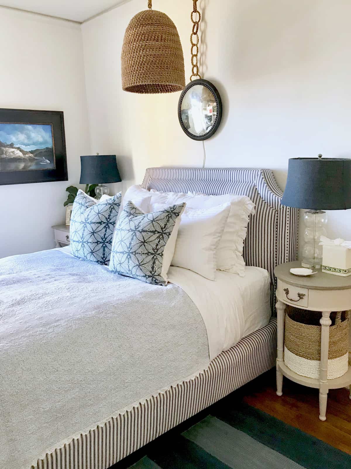 blue and white guest bedroom