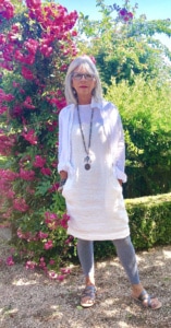 white linen dress and shirt with gray leggings