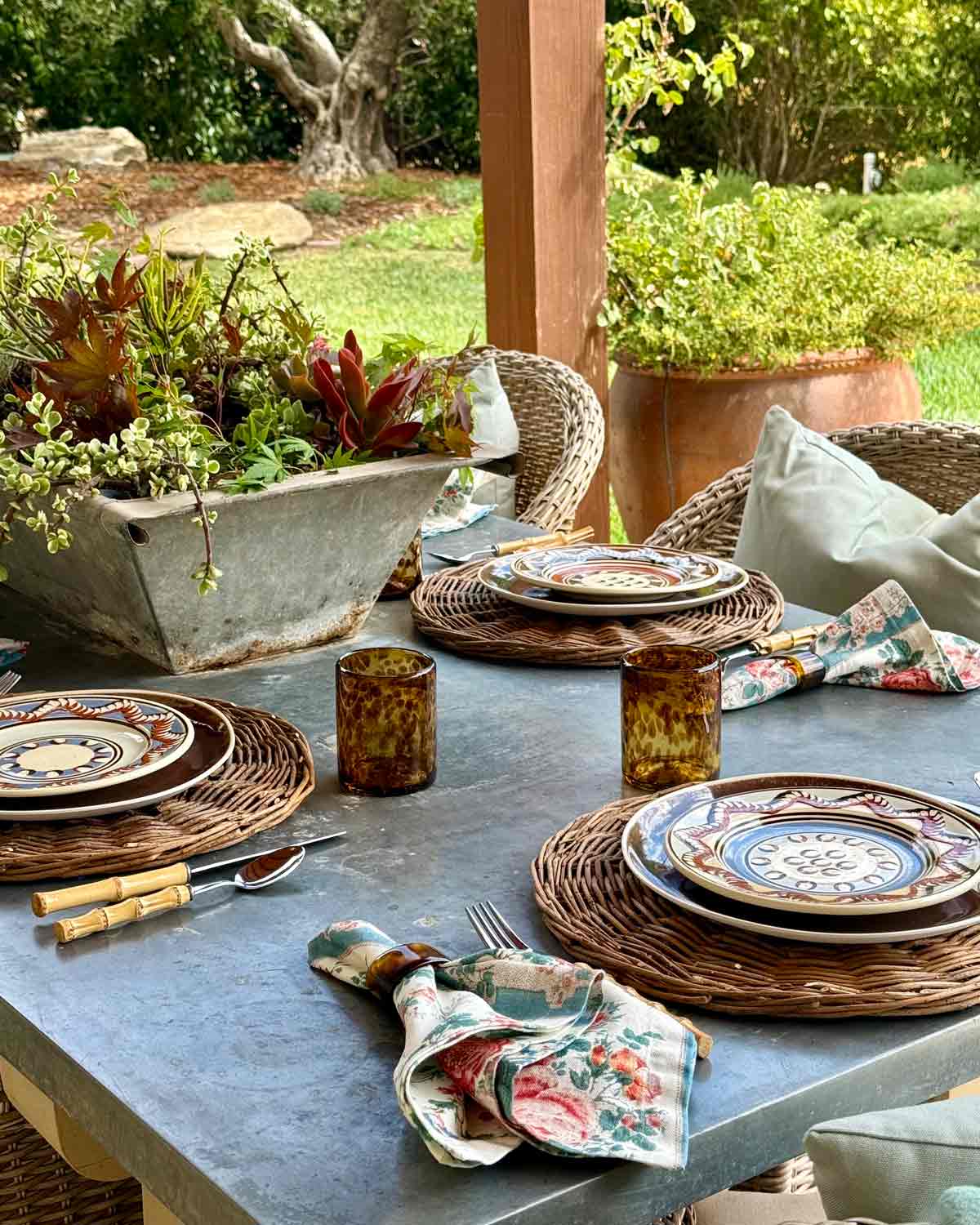 Blue and Brown Tablescape when it is too Hot to cook