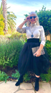 cindy hattersley in gray turtleneck and tulle skirt