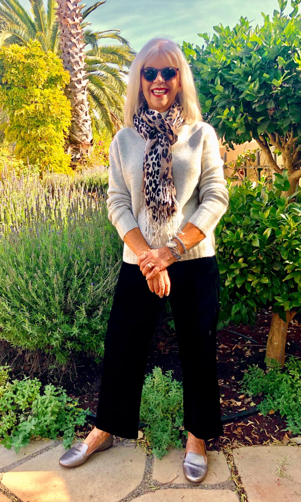 cindy hattersley wearing j crew peyton pant with j crew sweater