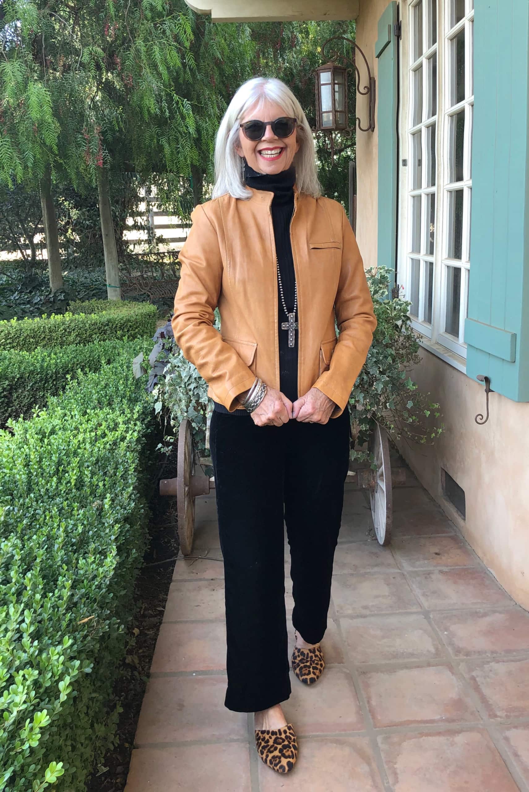 cindy hattersley in vintage leather jacket and J Crew Peyton Pant