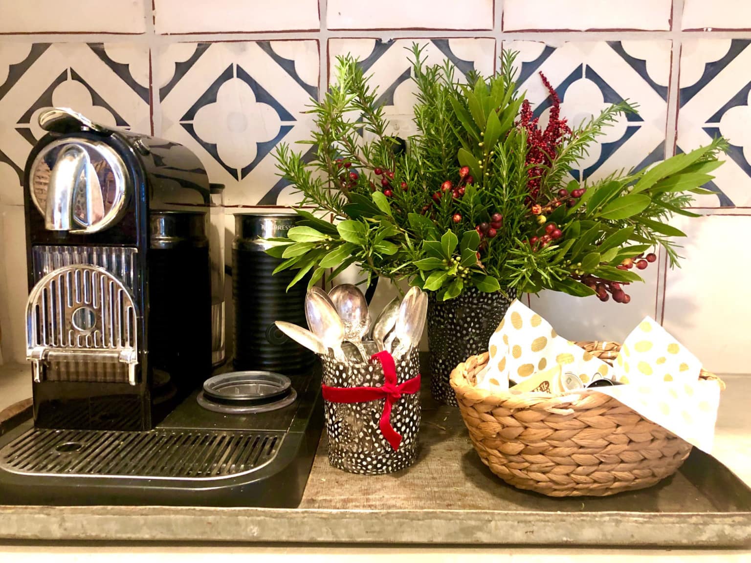 coffee station decked out for Christmas