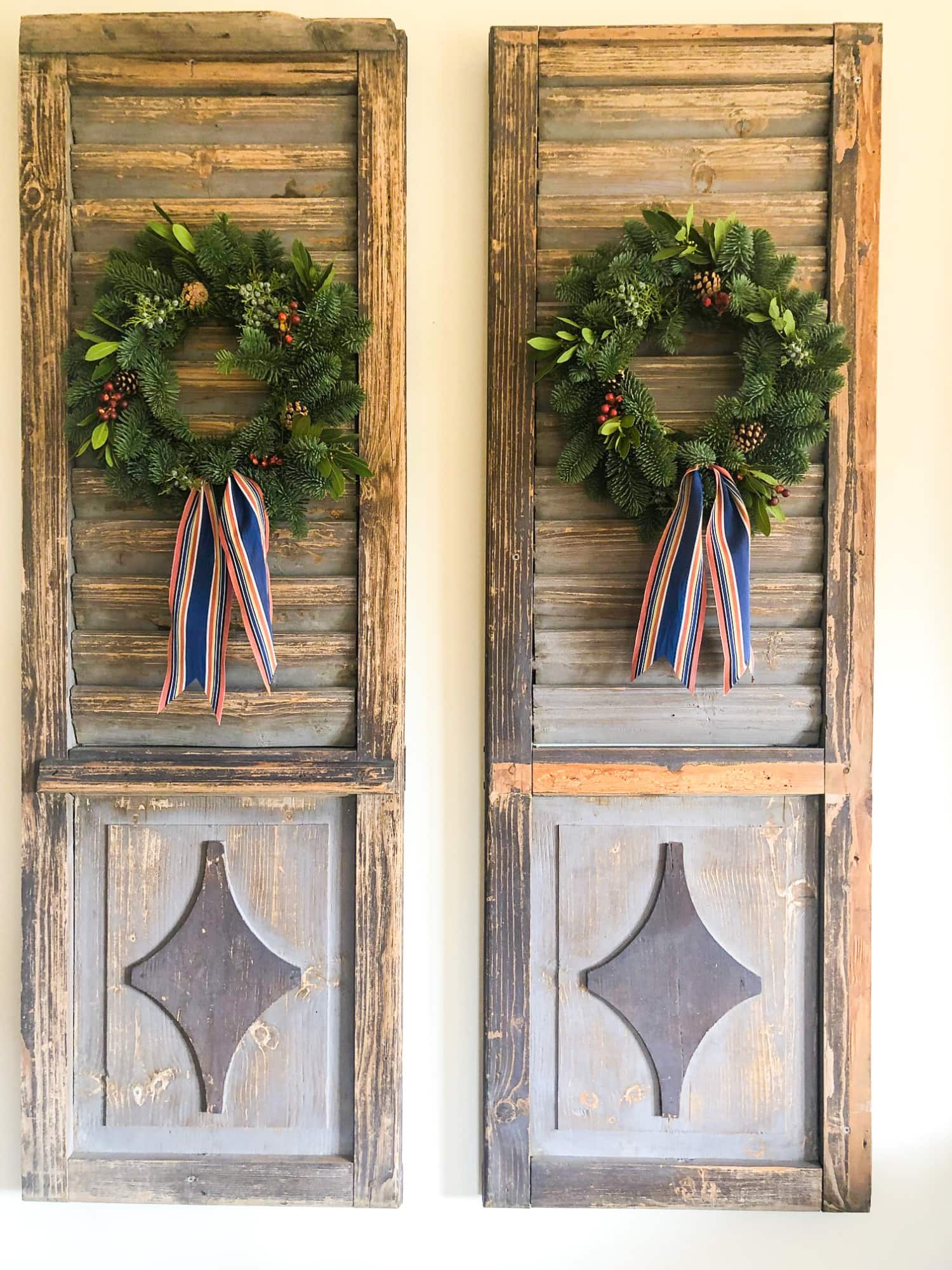 trader joe's wreaths on vintage shutters