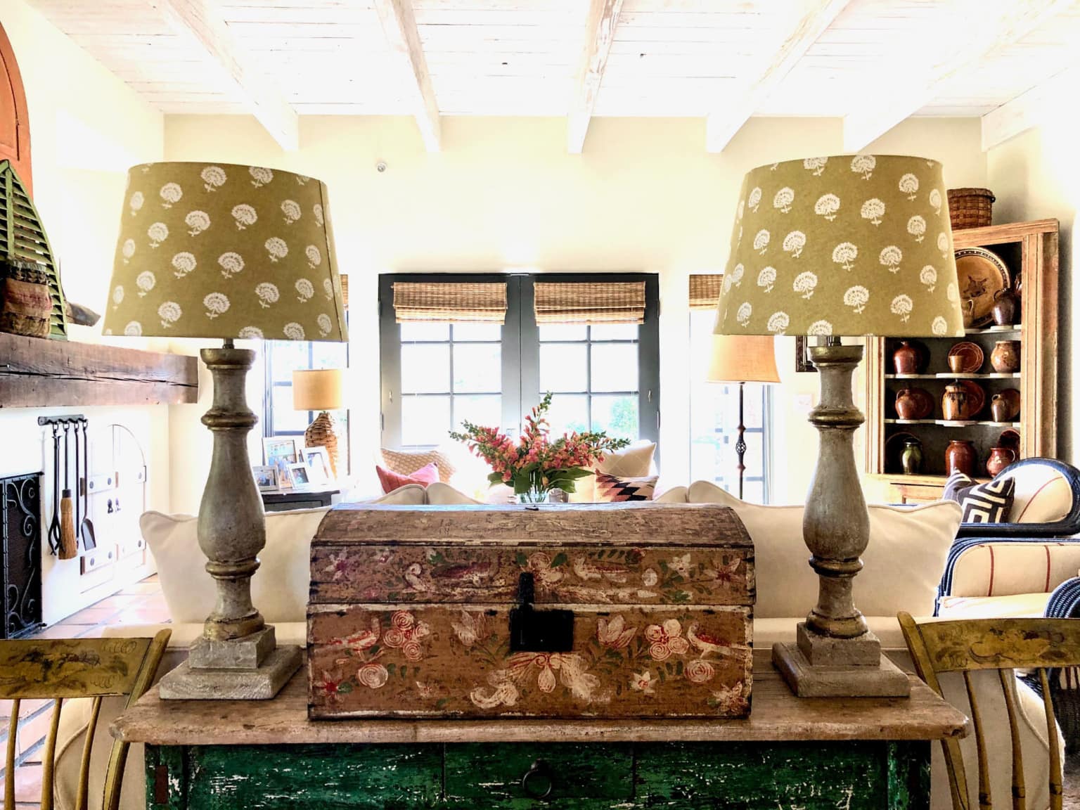 console table with French Brides Box and Lamps