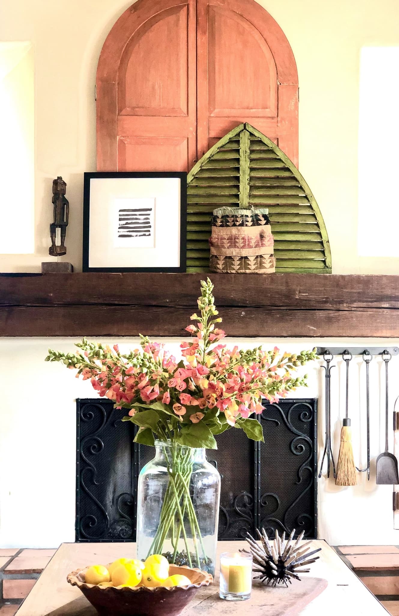 family room coffee table and fireplace spring 2020