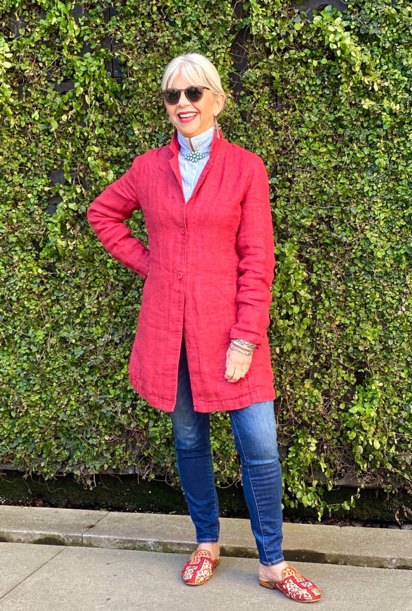 cindy hattersley in eileen fisher organic linen jacket and artemis slippers