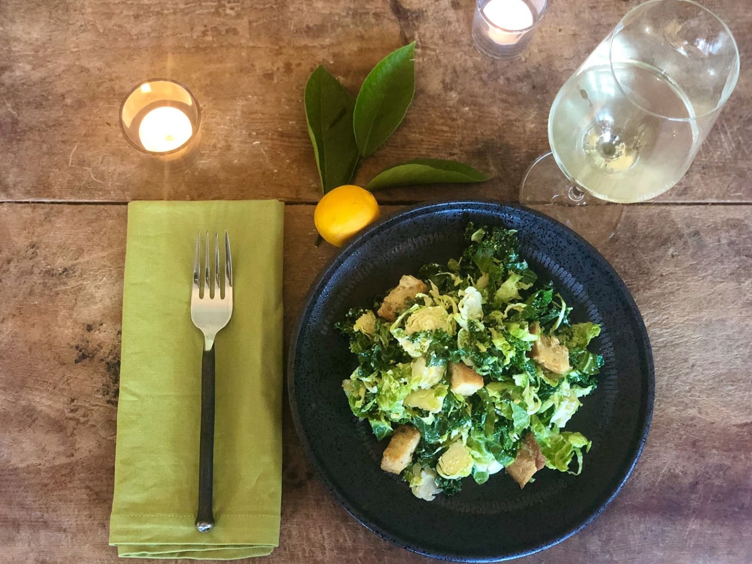brussel sprout and kale caesar with wine