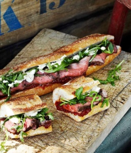 roast beef baguette with roast tomato and currant chutney