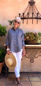 over 50 fashion blogger cindy hattersley in tancredi linen shirt and white jeans