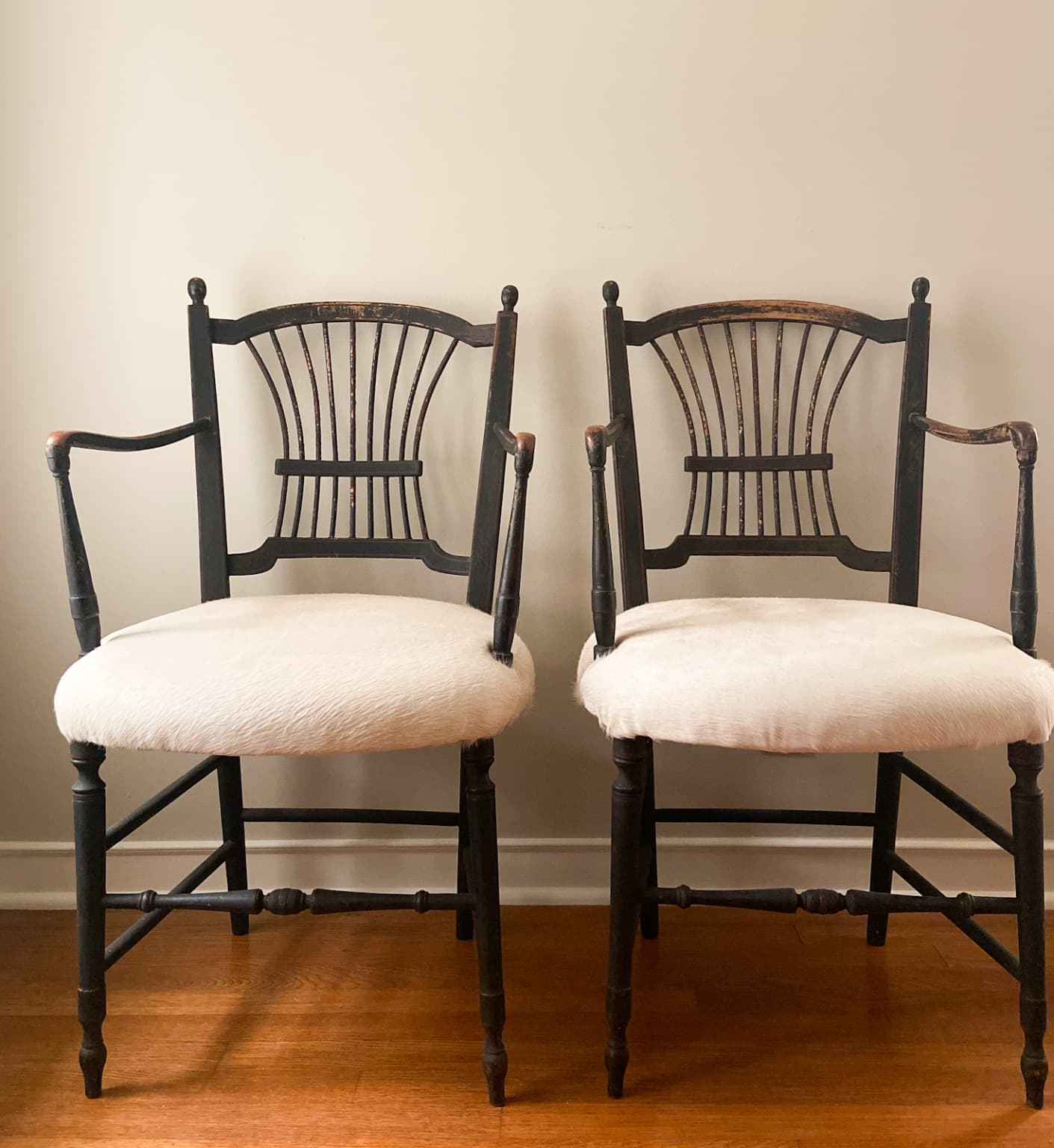 Antique French Chairs Upholstered in White Cowhide by Cindy Hattersley Design