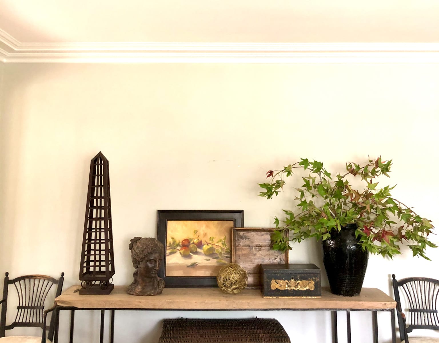 cindy hattersley designed console with pat huber art and antique box