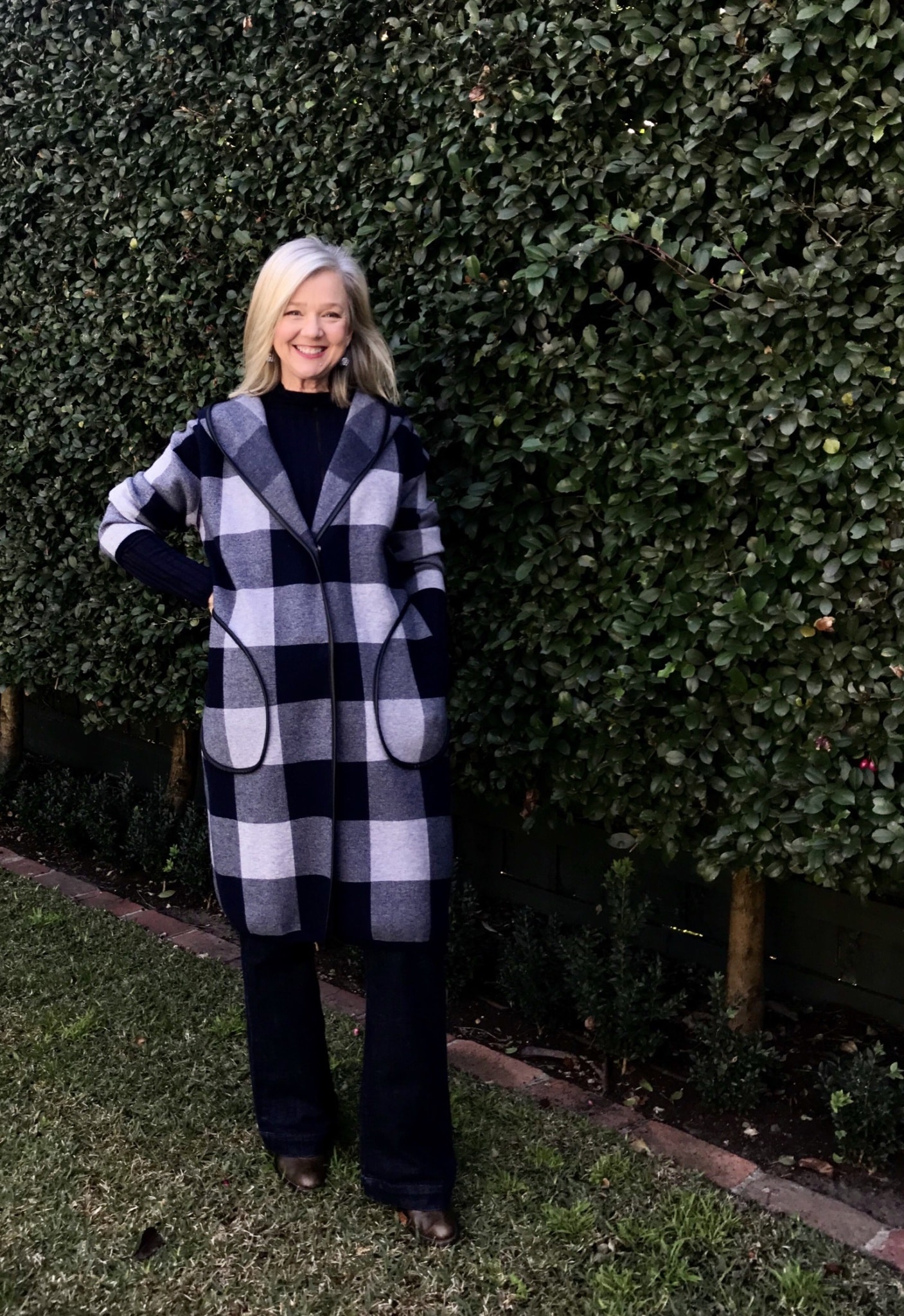 sarah london in plaid coat