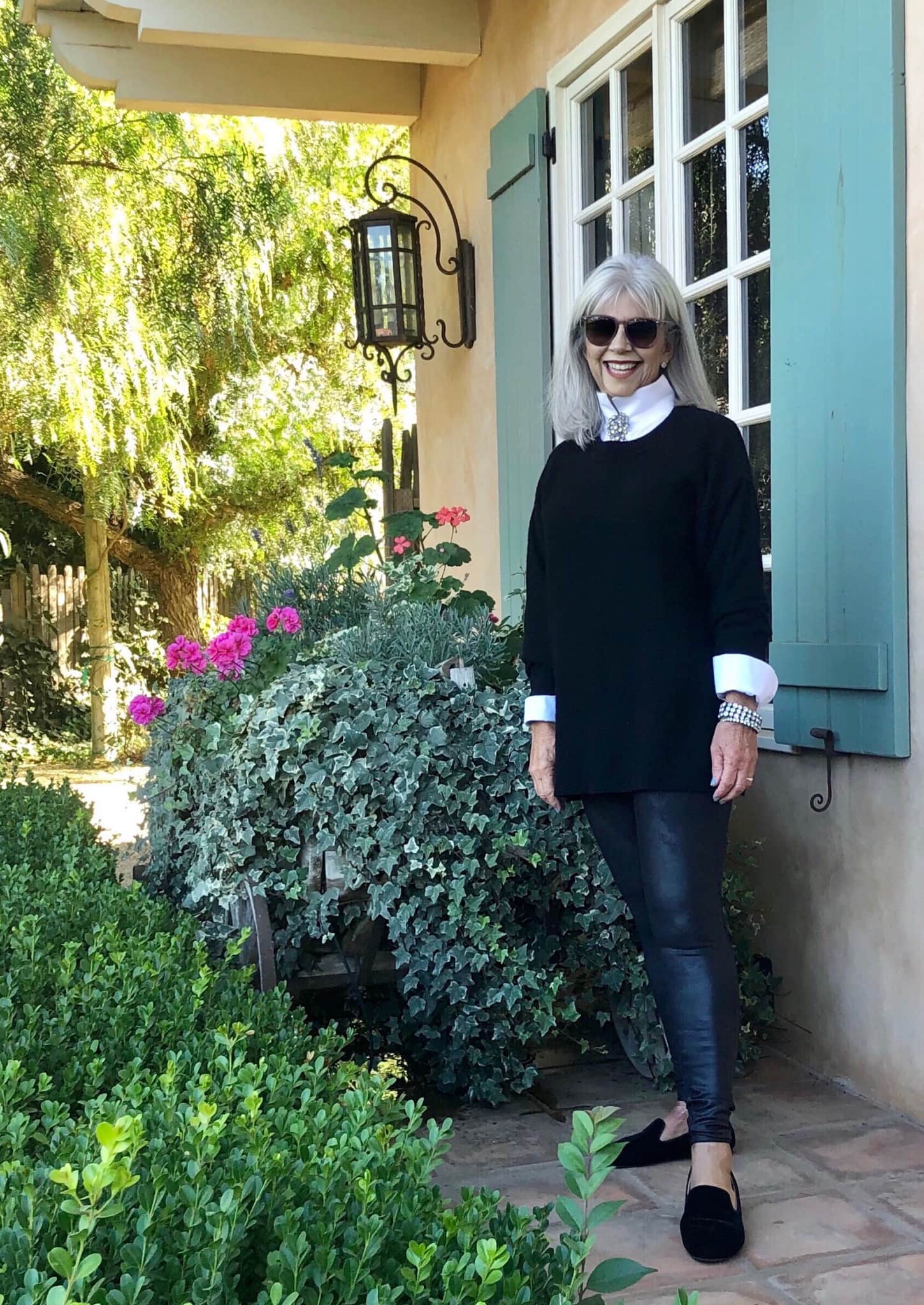 cindy hattersley in free people cashmere and chicos white shirt