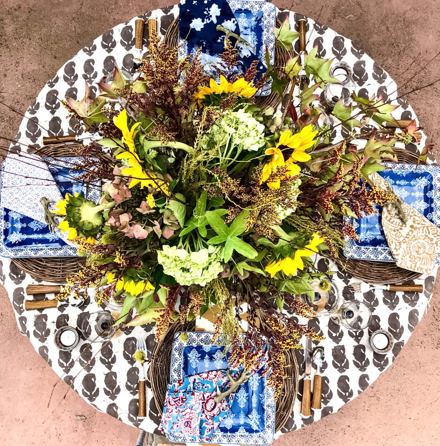 cindy hattersley fall table with block print tablecloth and napkins
