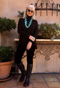 cindy hattersley in black with turquoise accessories