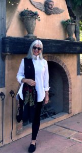 Cindy Hattersley in Peruvian Connection Blazer and Artemis Design Mules