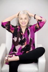 Kerry Lou in Lavender Mosaic shirt on Cindy Hattersley's blog for Ageless Style