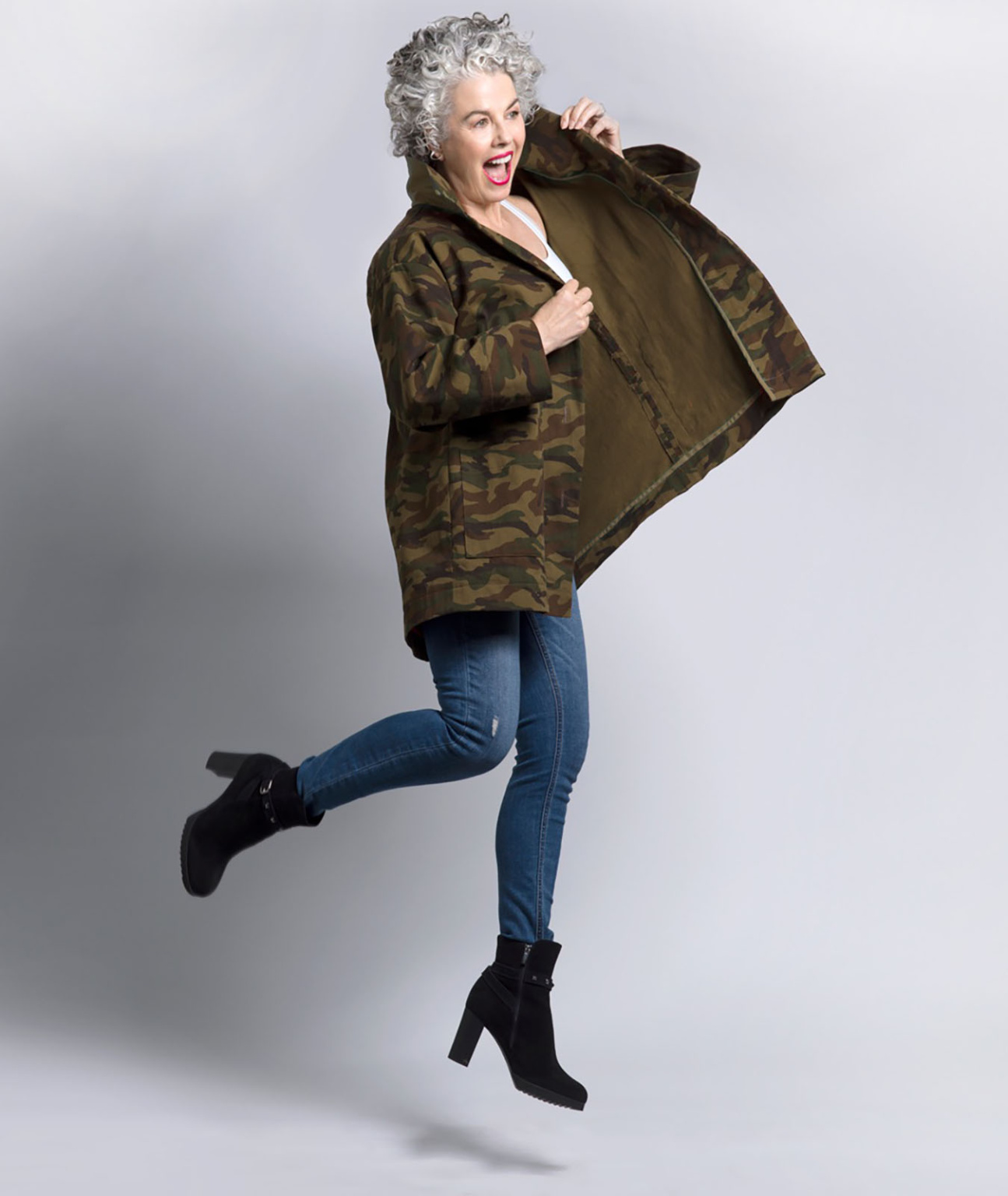 Kerry Lou in Camo Jacket and boots on Ageless Style with Cindy Hattersley