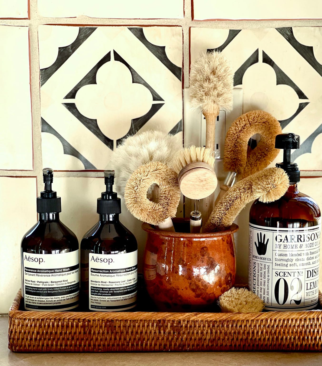 kitchen tray with brushes and soaps in Cindy Hattersley's Kitchen