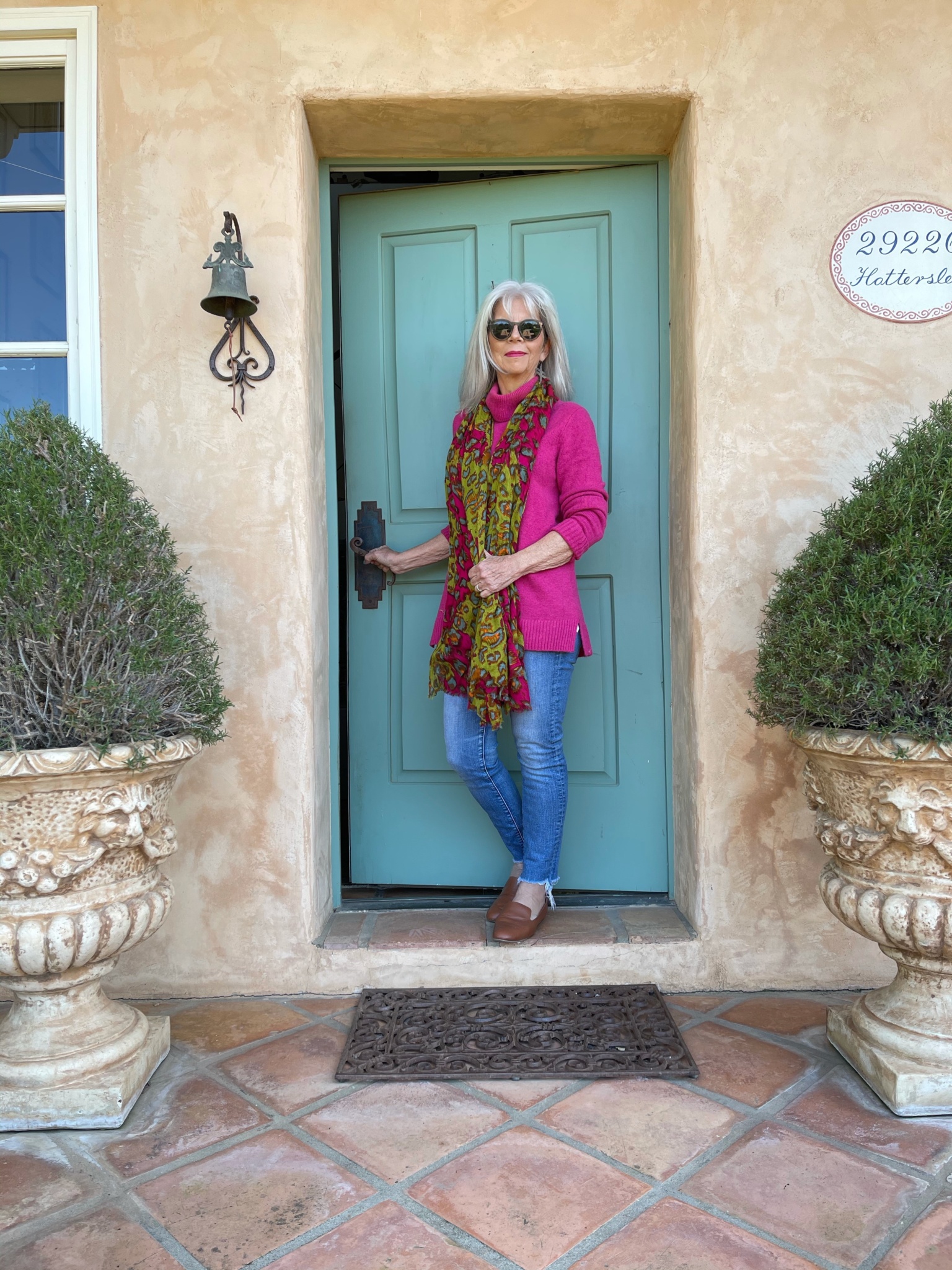 cindy hattersley in J Crew, Bindya Scarf and Birdies Loafers