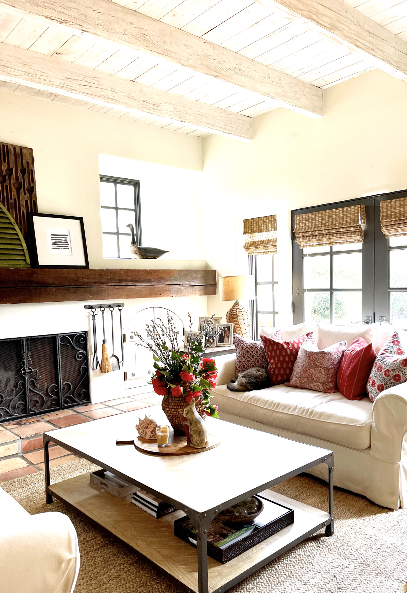 cindy hattersley's spring family room with cat on sofa