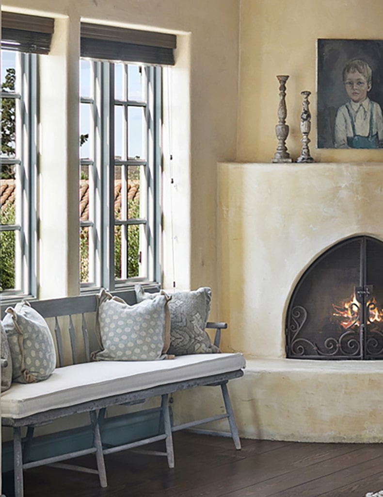 Cindy Hattersley's upholstered bench in master bedroom