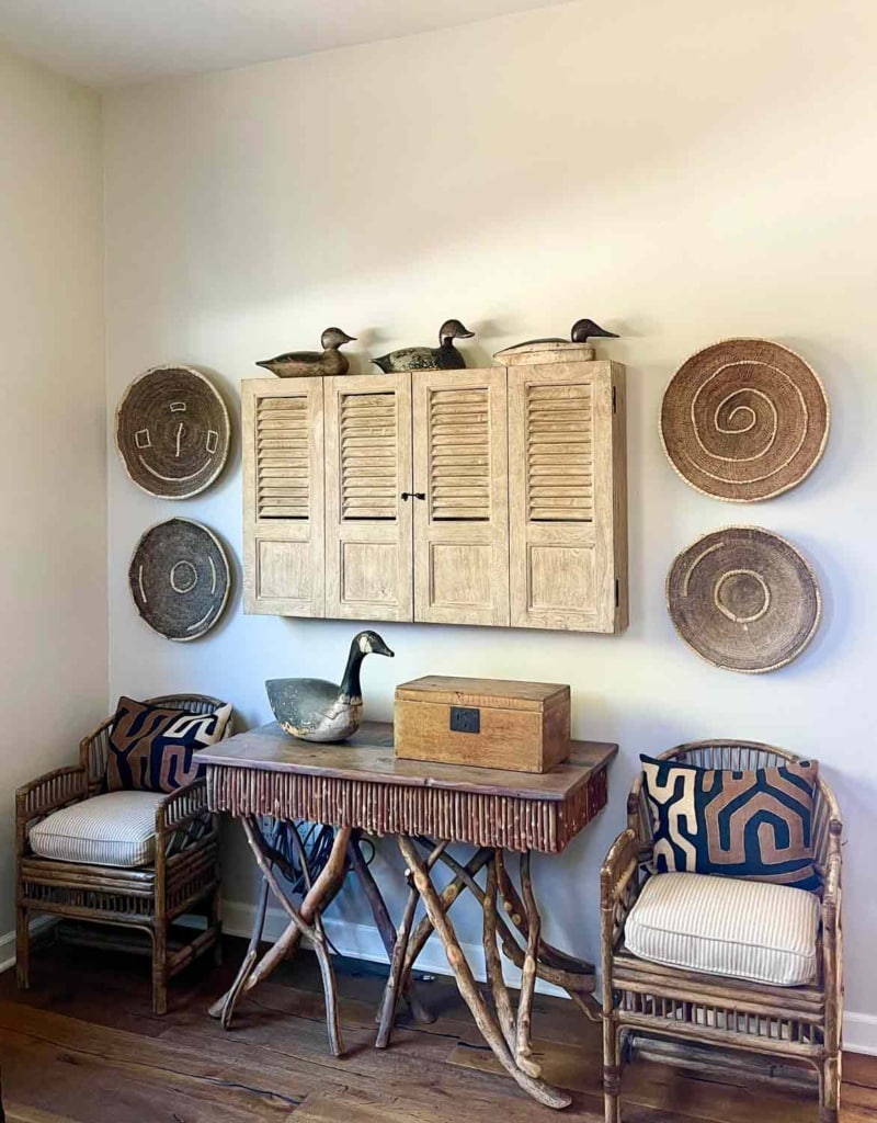 shuttered tv cabinet, twig console table & chairs
