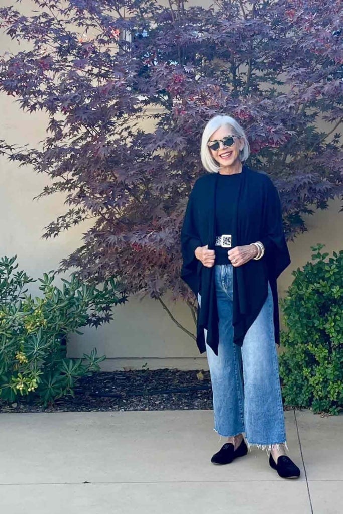 Wide Leg Jeans with Eileen Fisher tee and wrap