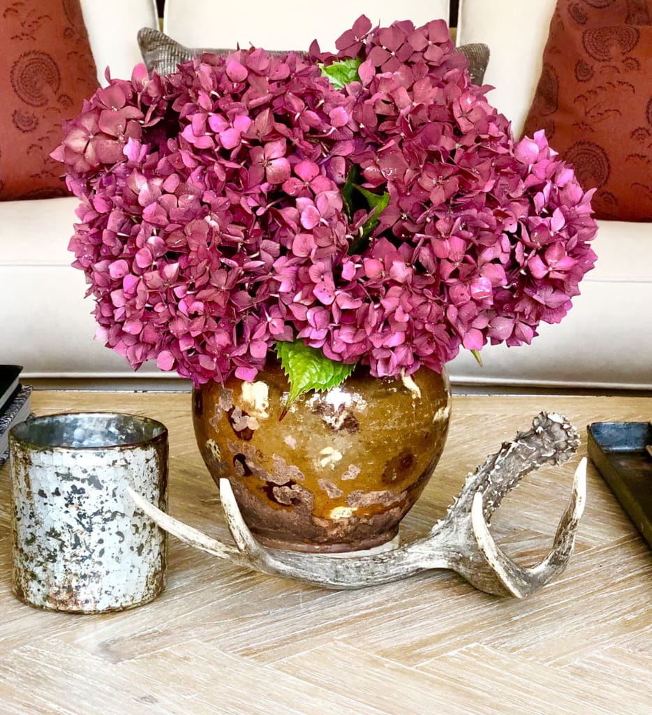red hydrangeas in old vase