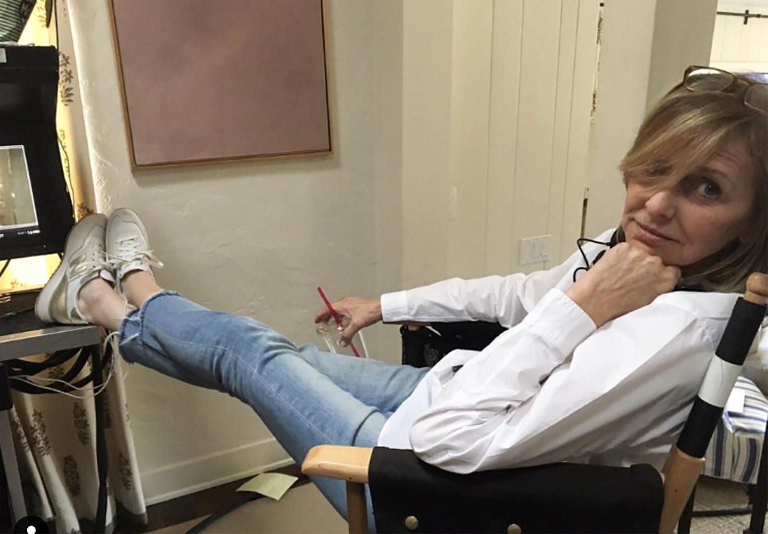 nancy meyers in jeans and a white shirt