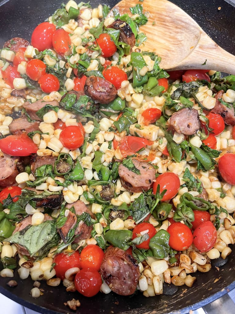 sausage, corn, basil and tomato pasta