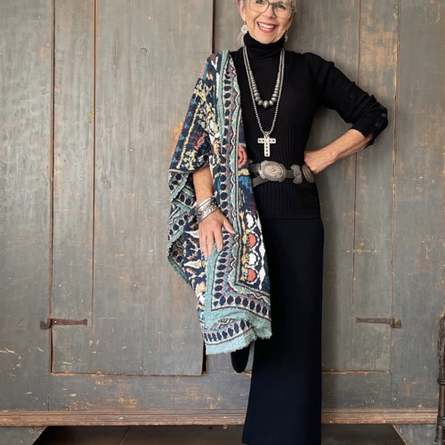 cindy hattersley styling a scarf over one shoulder