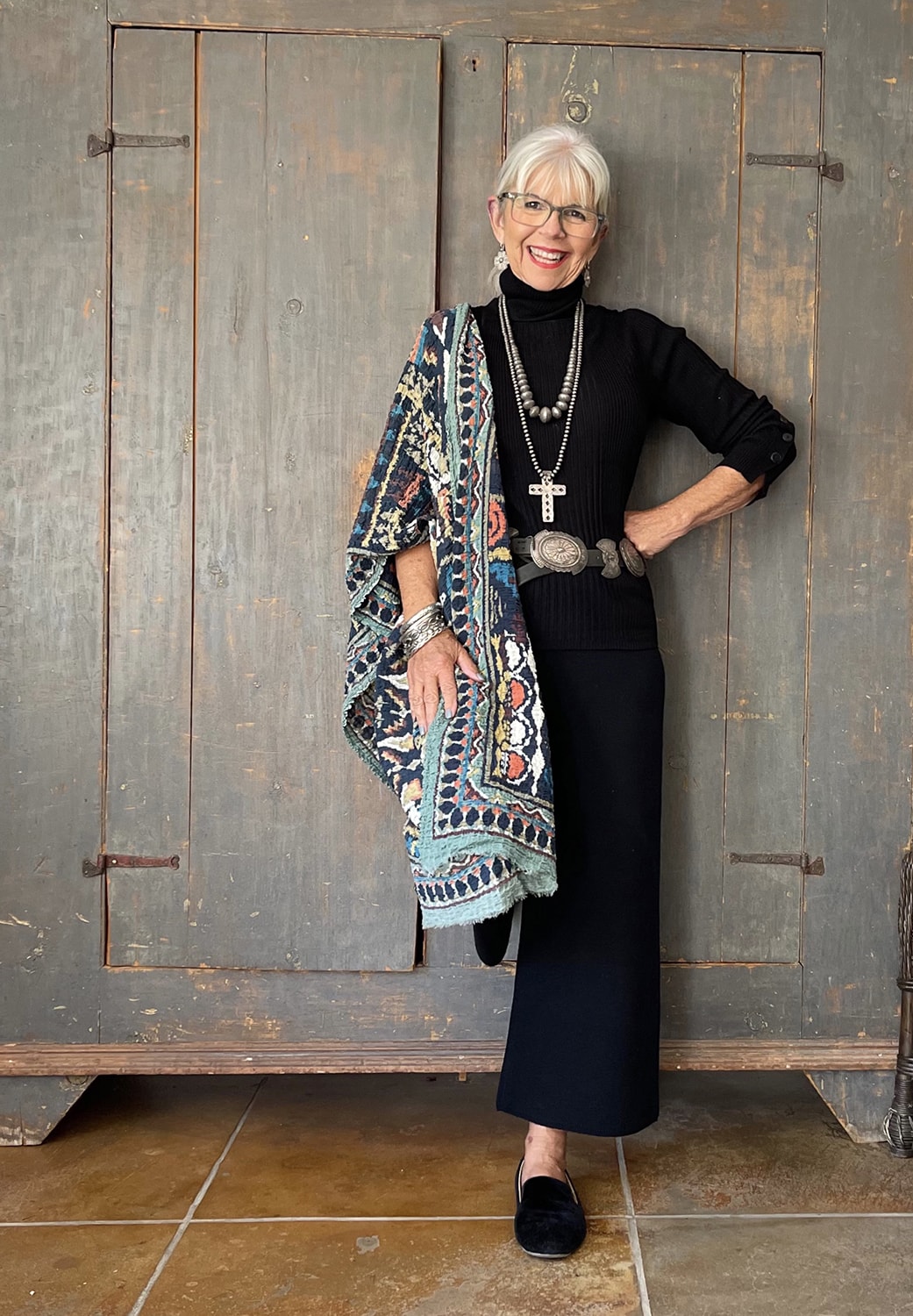cindy hattersley styling a scarf over one shoulder
