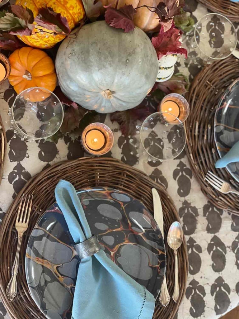 Blue and Brown Fall Tablescape-closeup