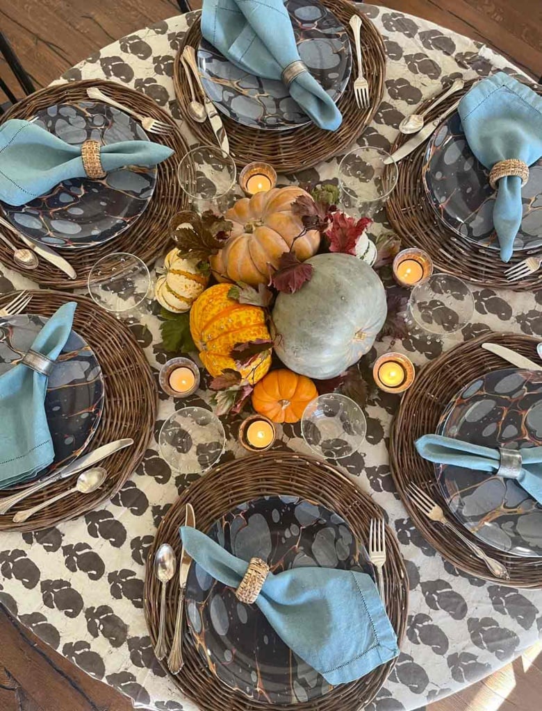 brown and blue fall tablescape-cindy hattersley