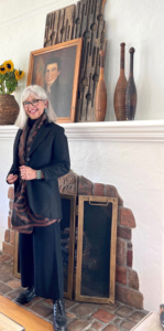 cindy hattersley in black blazer and pants with ibu scarf