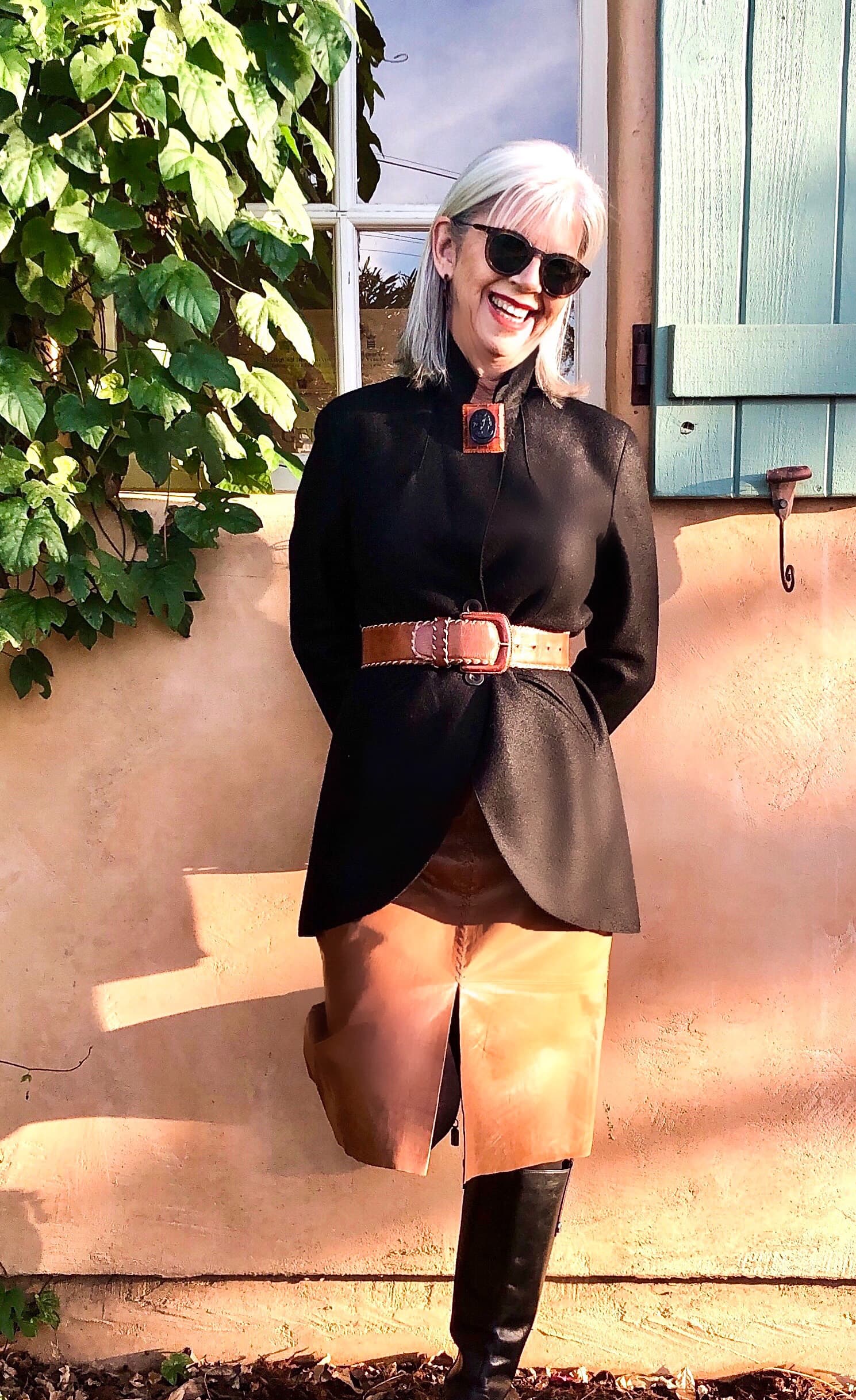 cindy hattersley in peruvian blazer and leather skirt