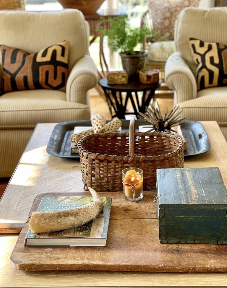 cindy hattersley's fall coffee table and chairs with kuba cloth pillows