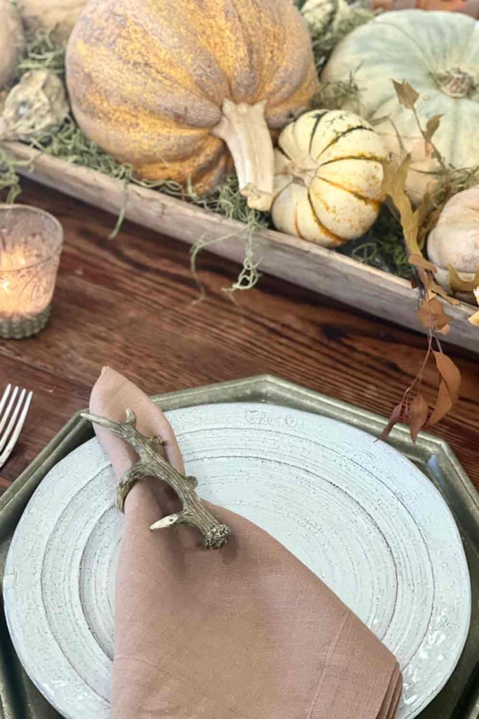 fall table with brown napkins and antler napkin rings-cindy hattersley