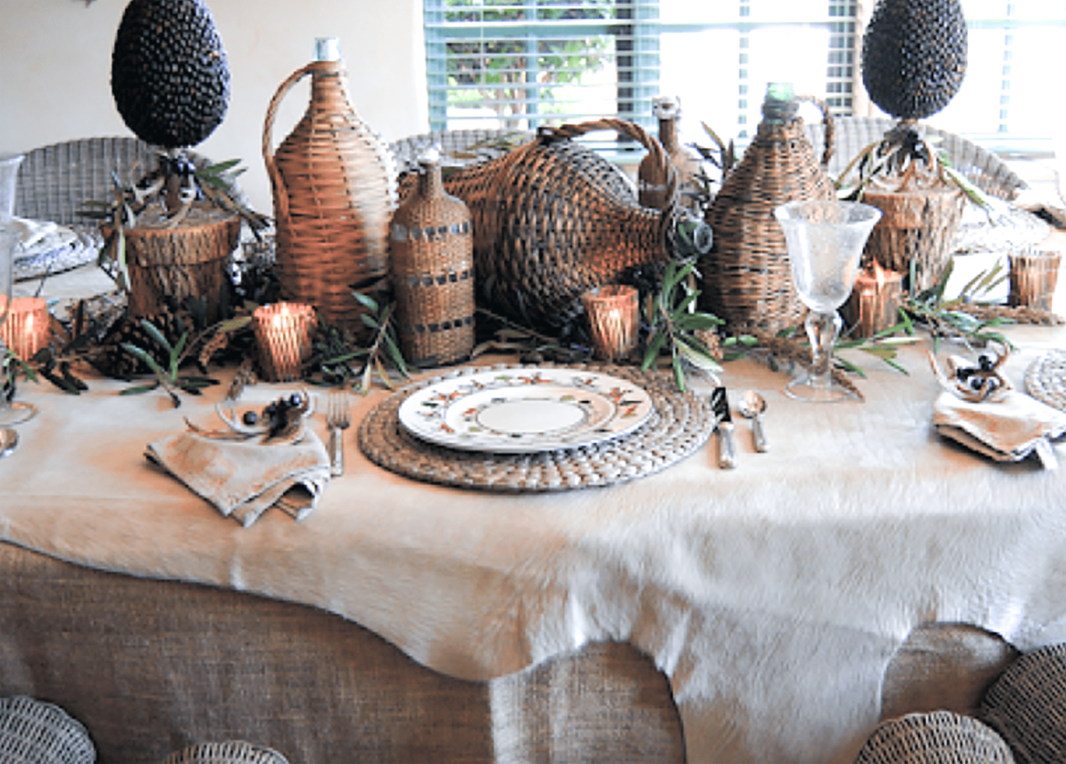 fall wicker bottle tablescape by cindy hattersley