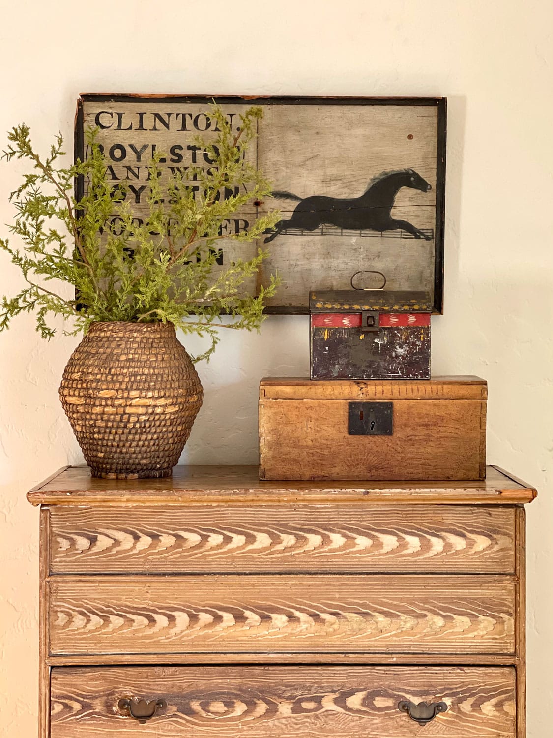 Antique Grained Chest Antique Grained Chest with american document boxes and french basket