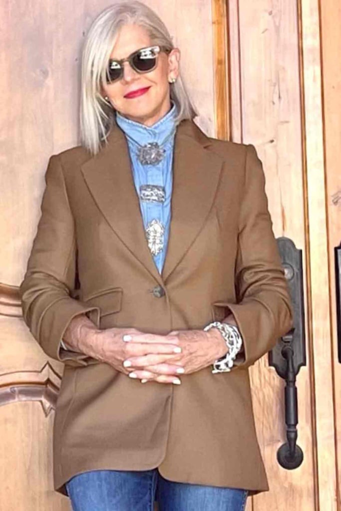 denim shirt with vintage silver brooches