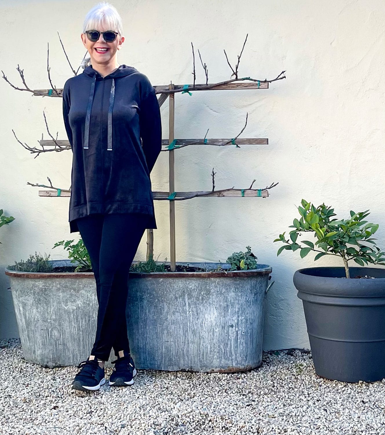 Over 50 Fashion blogger Cindy Hattersley in Chicos black activewear