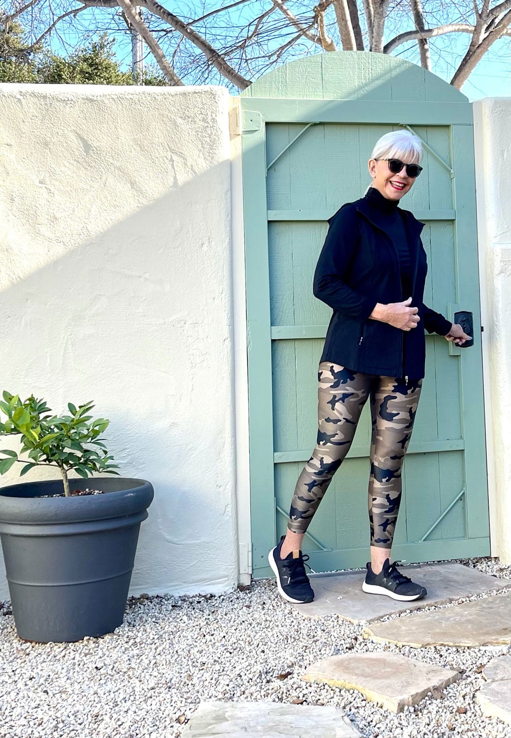 Over 50 Fashion Blogger Cindy Hattersley in J Jill Performance Zip Hoodie and BR  Koral High Rise Legging