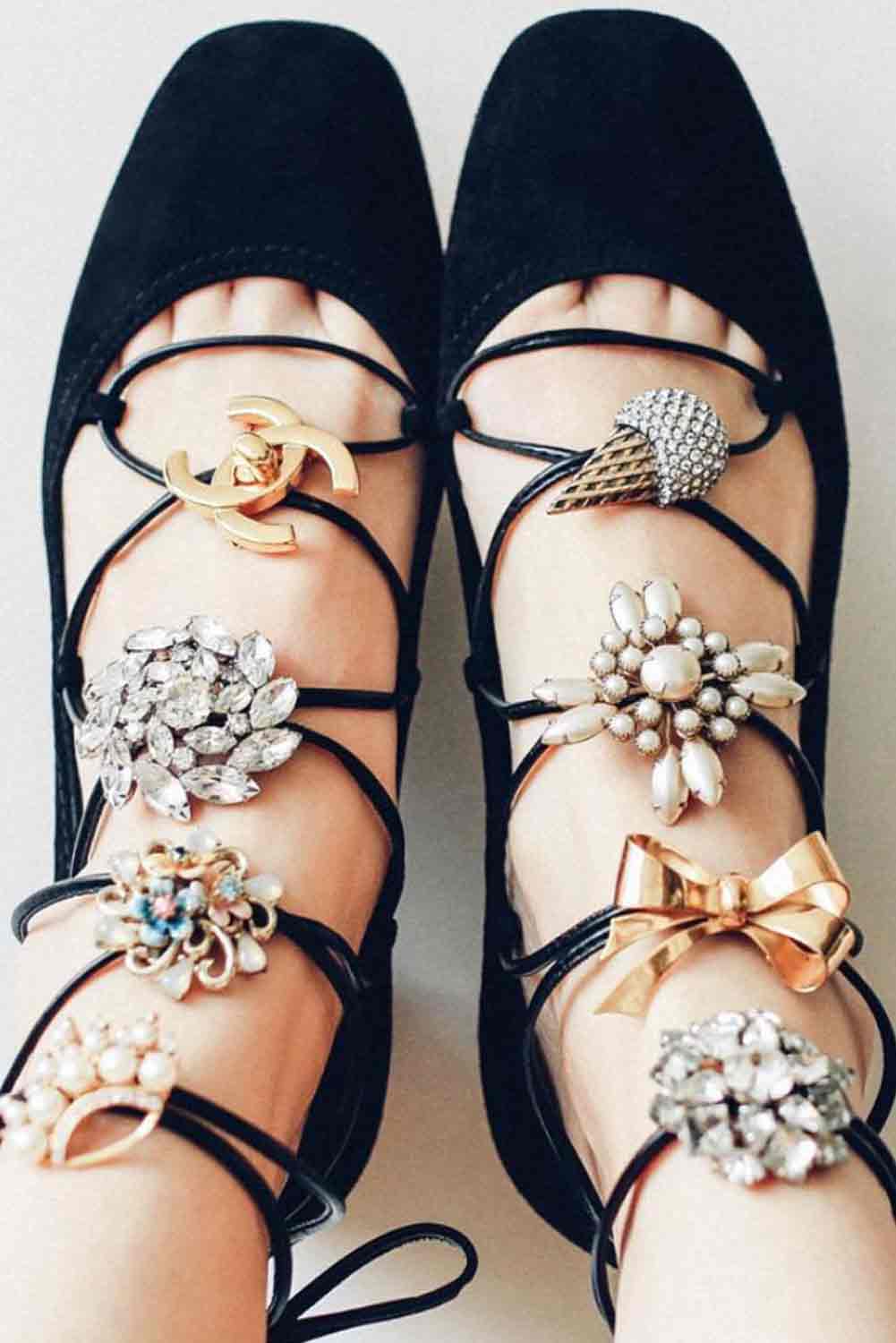 vintage brooches on shoes