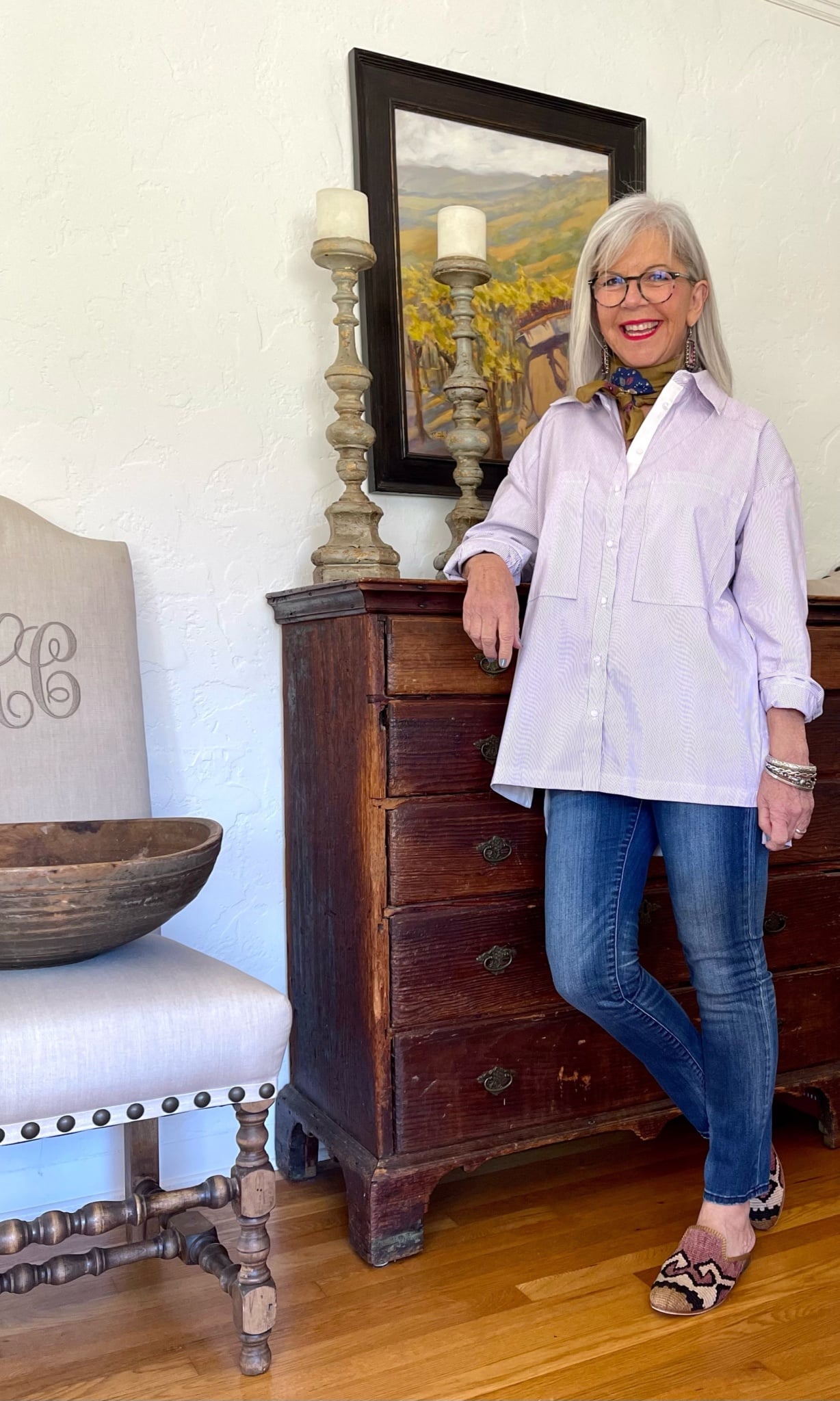 cindy hattersley in anthro lavender stripe shirt