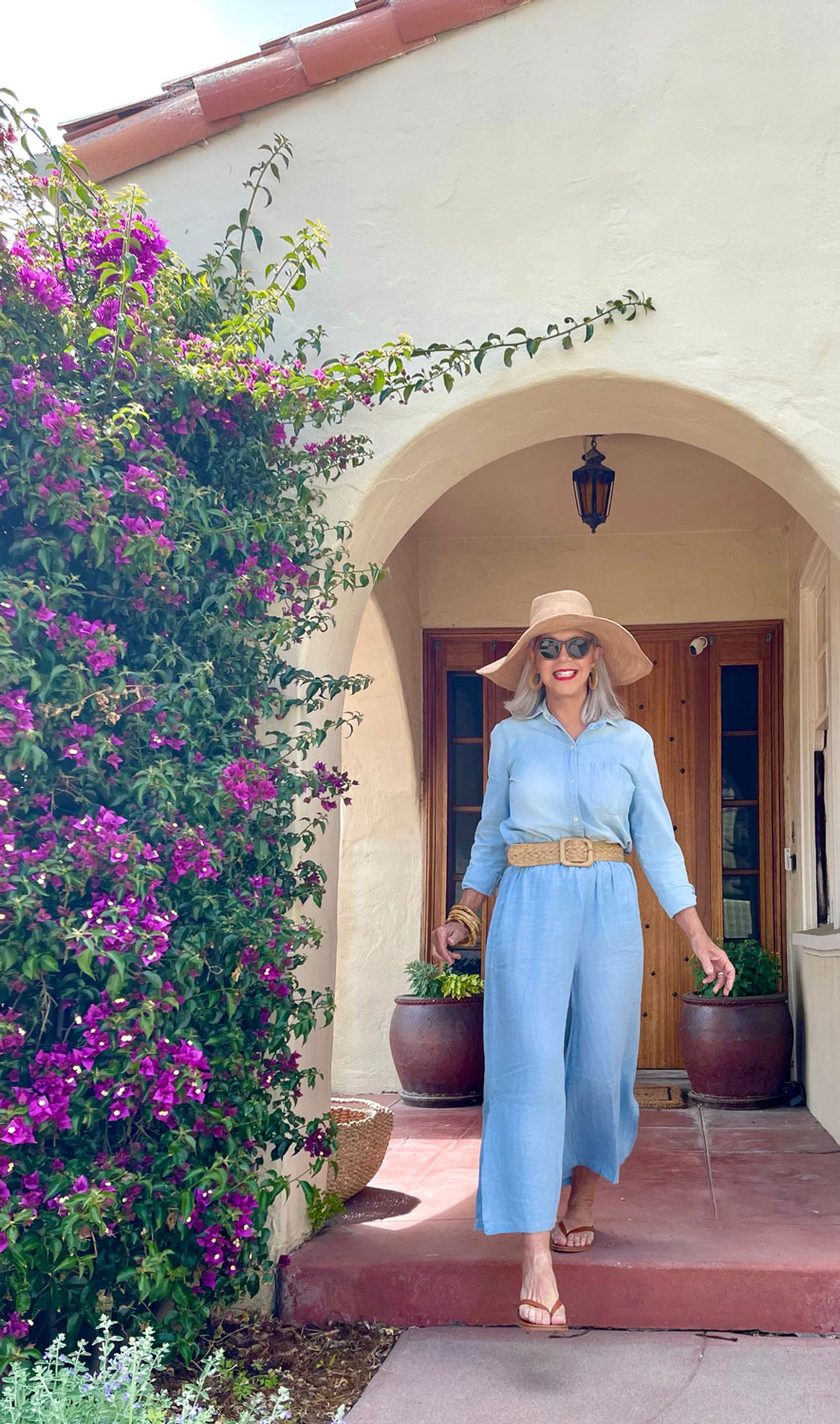 over 50 style blogger cindy hattersley in chambray shirt and wide leg pants