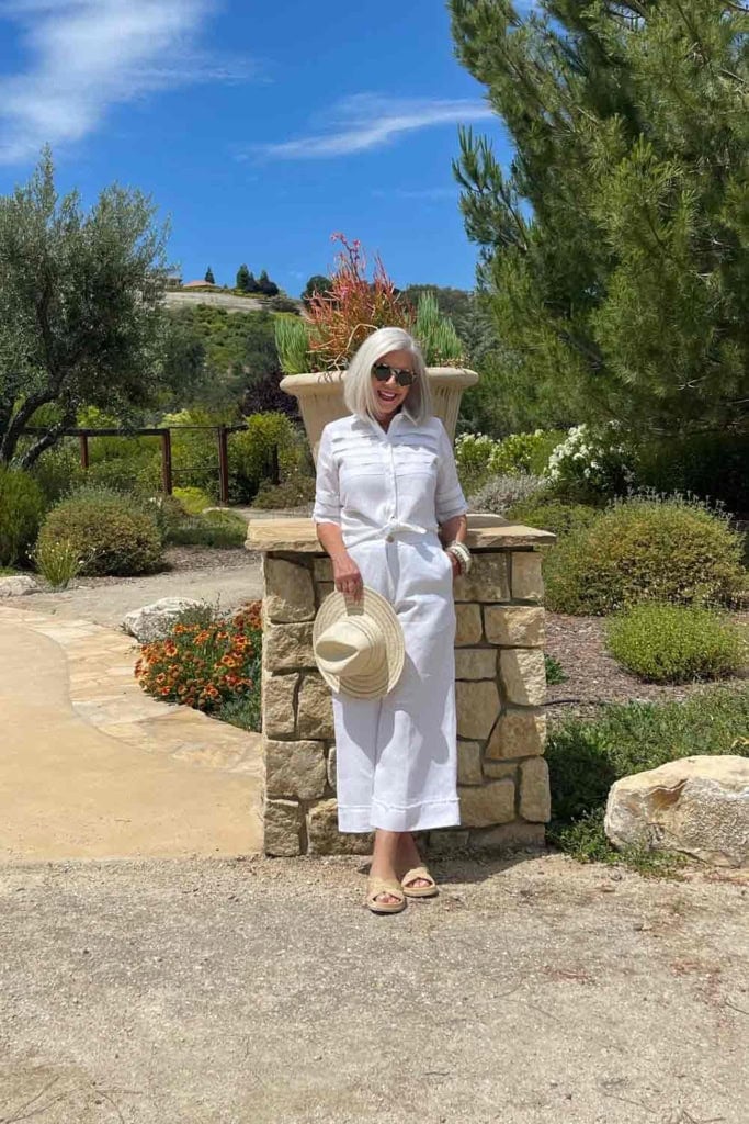 Cindy Hattersley in white linen pants and shirt